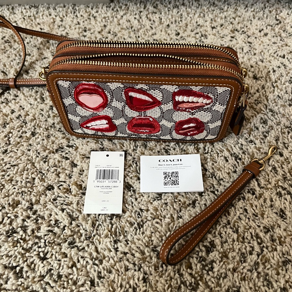 Coach Red and Brown Lip Design Crossbody Bag